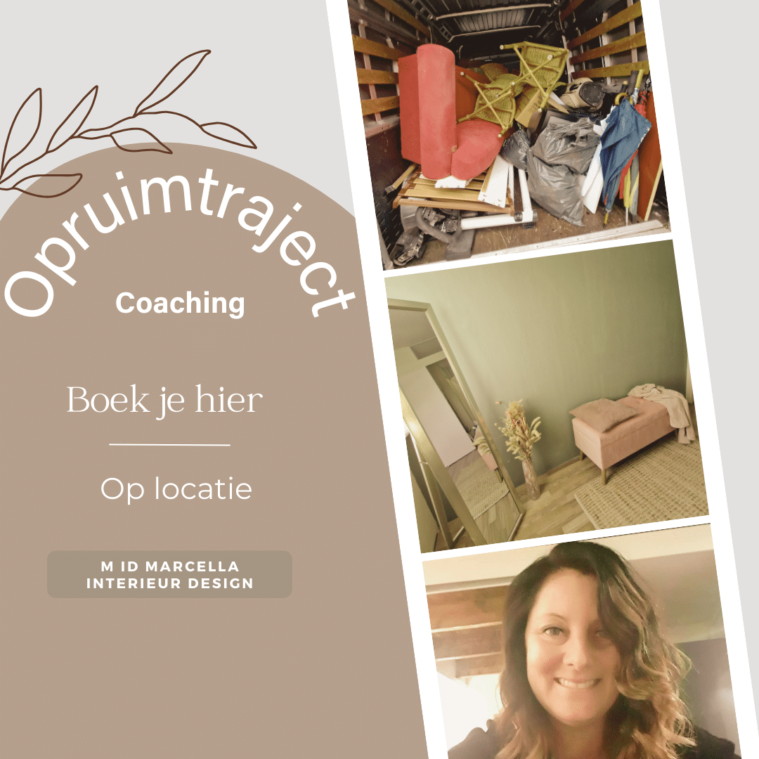 Coaching opruimtraject op locatie van M ID Marcella Interieur Design met rustige, respectvolle begeleiding naar overzicht en ruimte in huis.